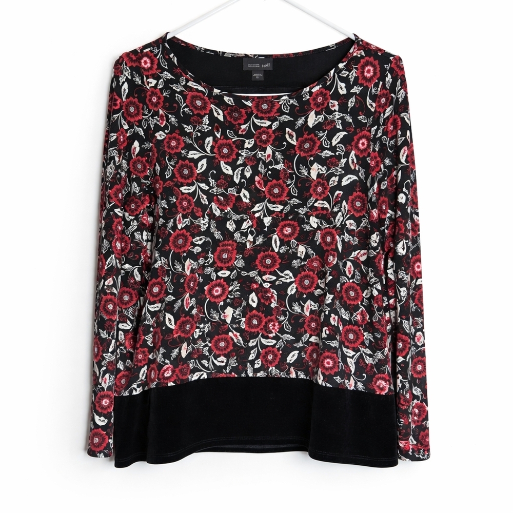J. Jill Wearever Collection Floral Top Black Red Stretch Knit Size XS
